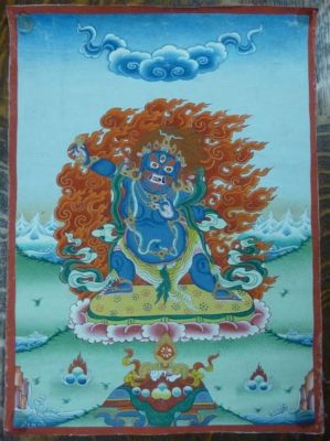 The Dharma Protector Vajrapani Scroll Painting: Vivid Linework and Ethereal Landscapes